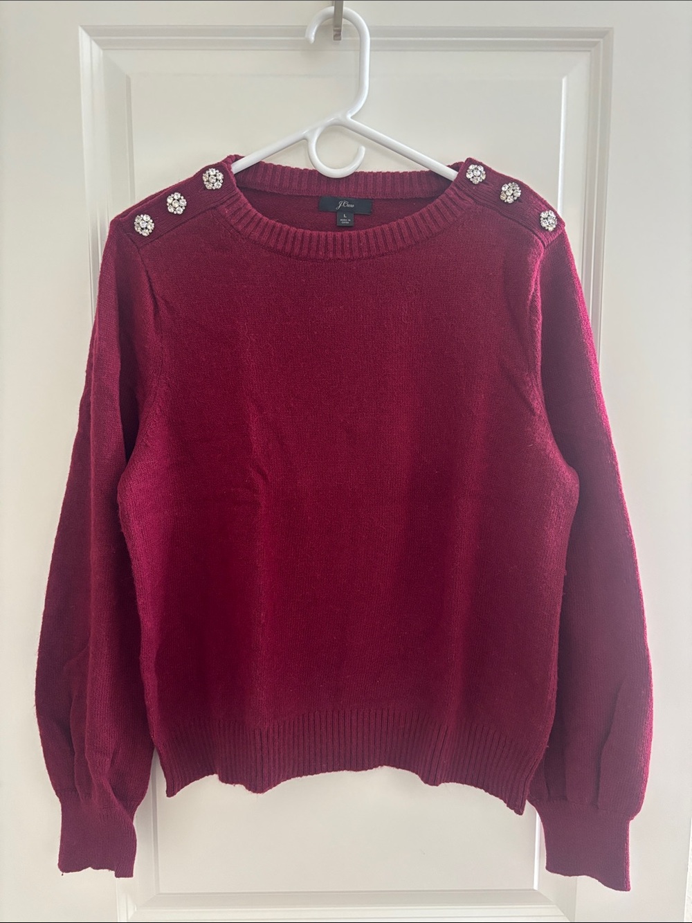 J. Crew Embellished Shoulder Crewneck Sweater - Burgundy